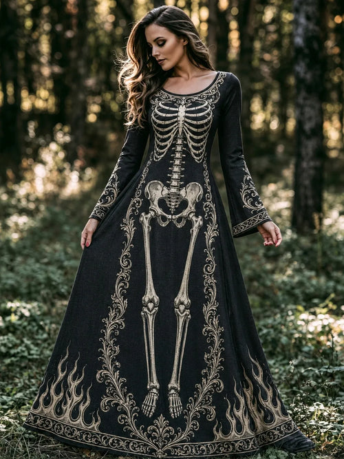 Women's Retro Halloween Gothic Skeleton And Floral Pattern Crew Neck Dress