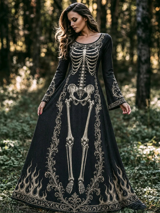 Women's Retro Halloween Gothic Skeleton And Floral Pattern Crew Neck Dress