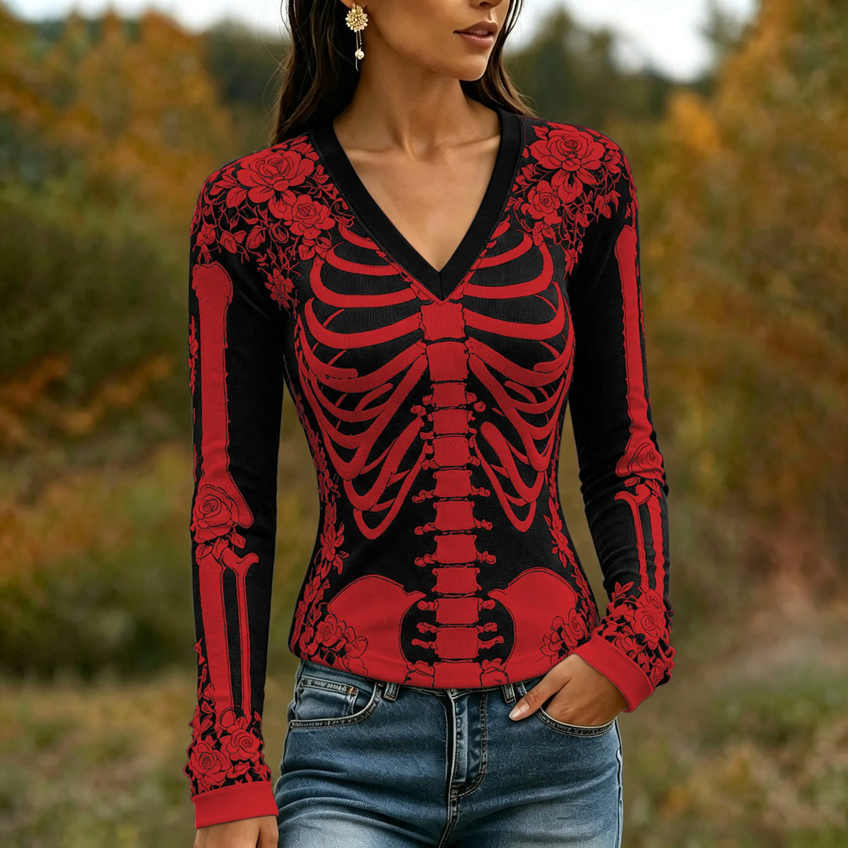 Women's Halloween Skeleton Bones With Roses Art Casual Long Sleeve V Neck T-shirt