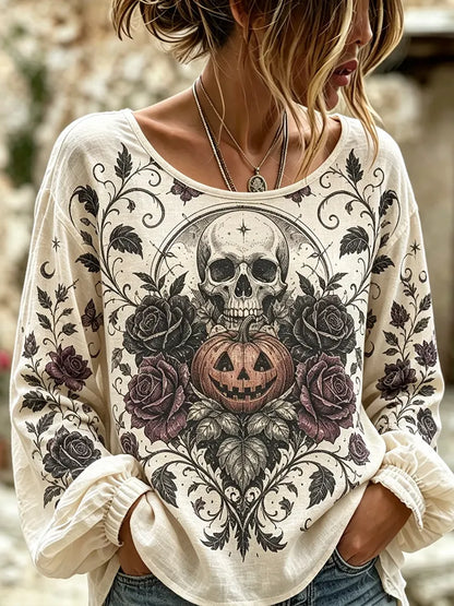 Women's Long Sleeve T-shirt With Human Skull, Jack-o'-lantern, And Rose Motif