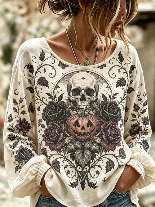 Women's Long Sleeve T-shirt With Human Skull, Jack-o'-lantern, And Rose Motif
