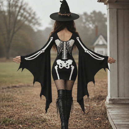 Women's Gothic Skeleton Batwing Flare Sleeve Lace‑up Bodycon Dress – Halloween Costume