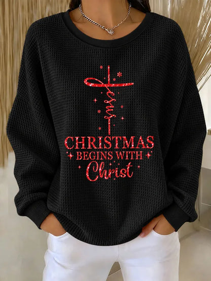 Women's Christmas Cross Printed Waffle Sweatshirt