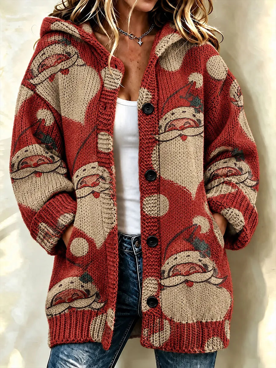 Women's Retro Santa Hooded Knit Cardigan - Deep Red