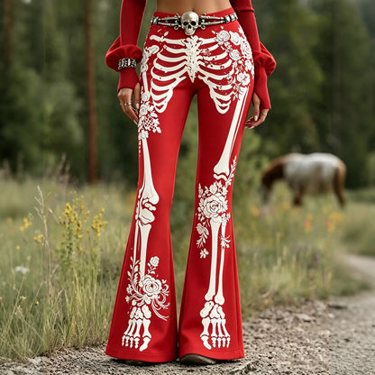 Women’s Goth Skeleton Floral Print Flare Pants