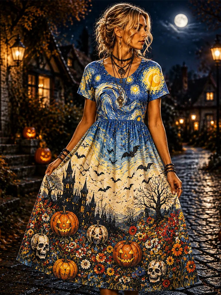 Women's Halloween Starry Night Theme Maxi Dress - Spooky Castle, Bats And Pumpkins Print Flowy Dress