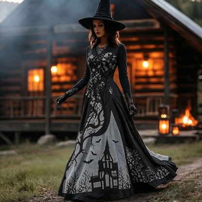 Women's Halloween Gradient Treehouse Design Witch V-neck Maxi Dress