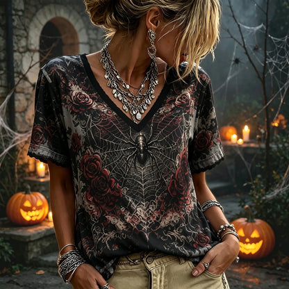Women's Retro Dark Gothic Style Halloween Spider And Red Rose Pattern V-neck Short-sleeved T-shirt