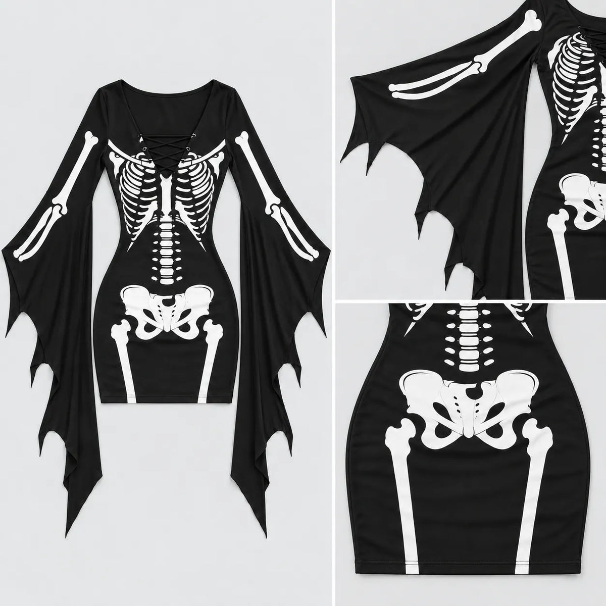 Women's Gothic Skeleton Batwing Flare Sleeve Lace‑up Bodycon Dress – Halloween Costume