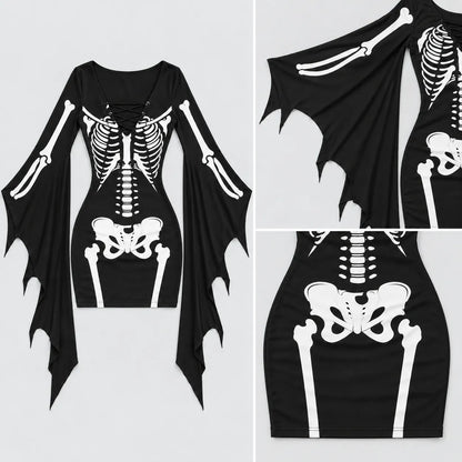 Women's Gothic Skeleton Batwing Flare Sleeve Lace‑up Bodycon Dress – Halloween Costume