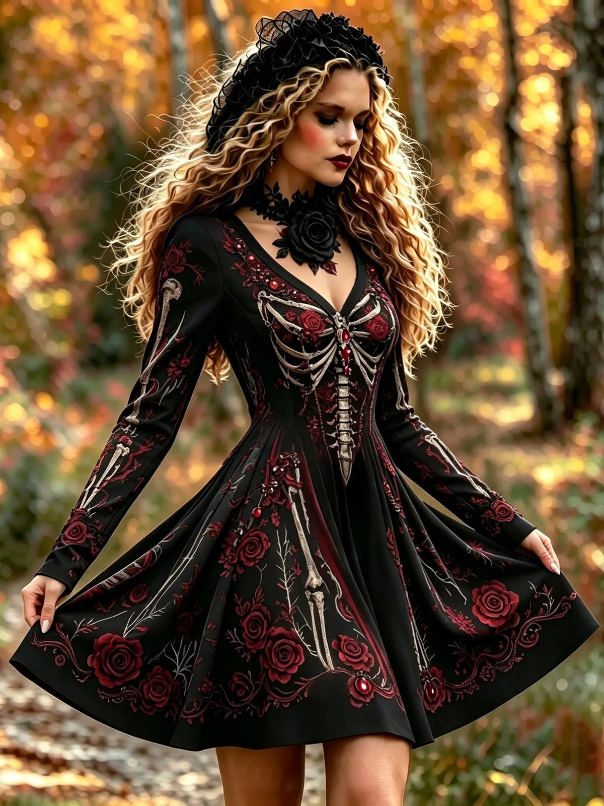 Women's Gothic Skeleton Red Rose Mini Dress