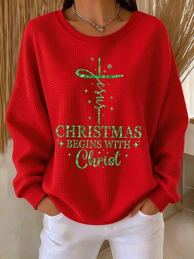 Women's Christmas Cross Printed Waffle Sweatshirt