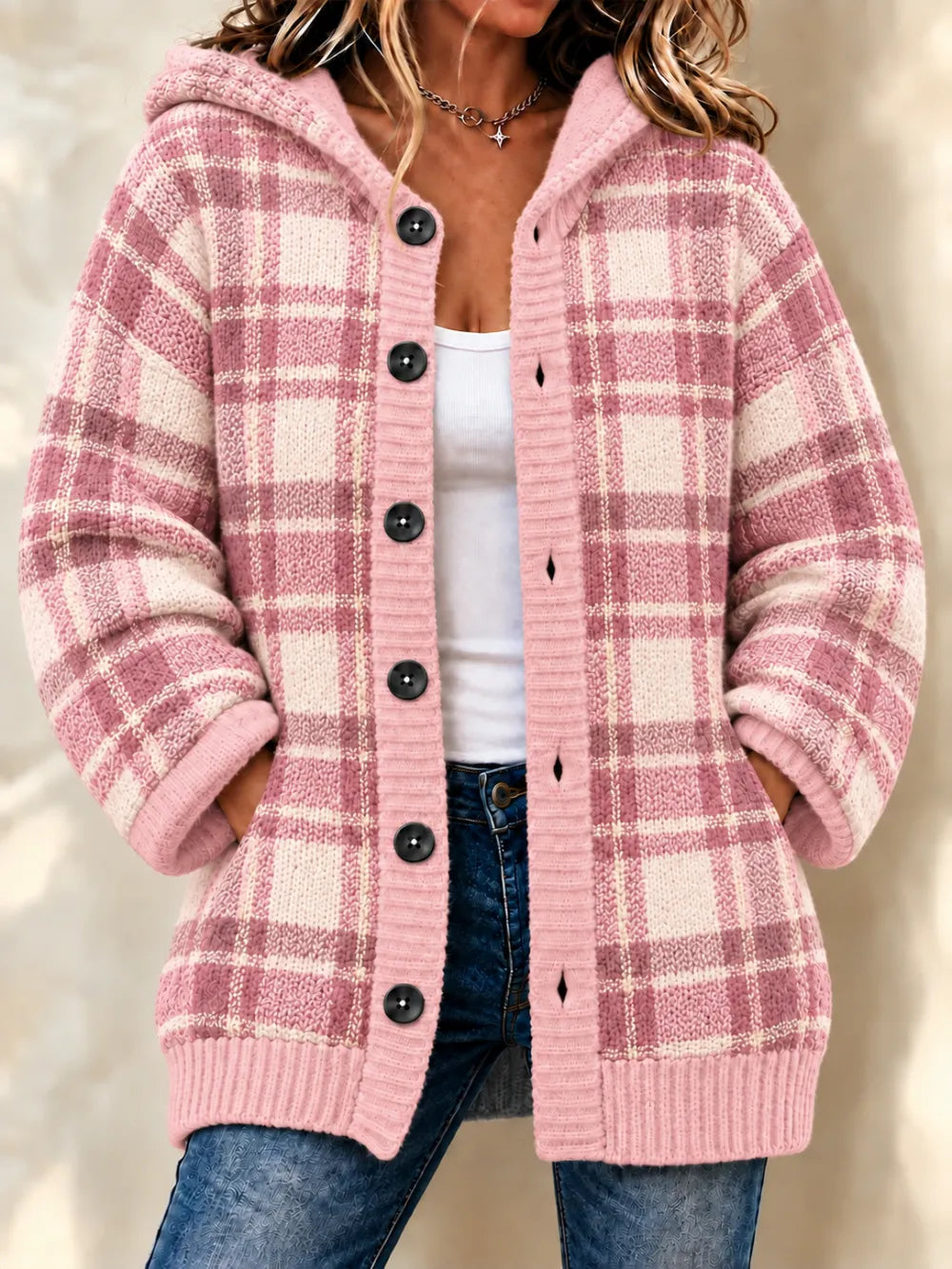 Women'S Grid Casual Hooded Long Cardigan
