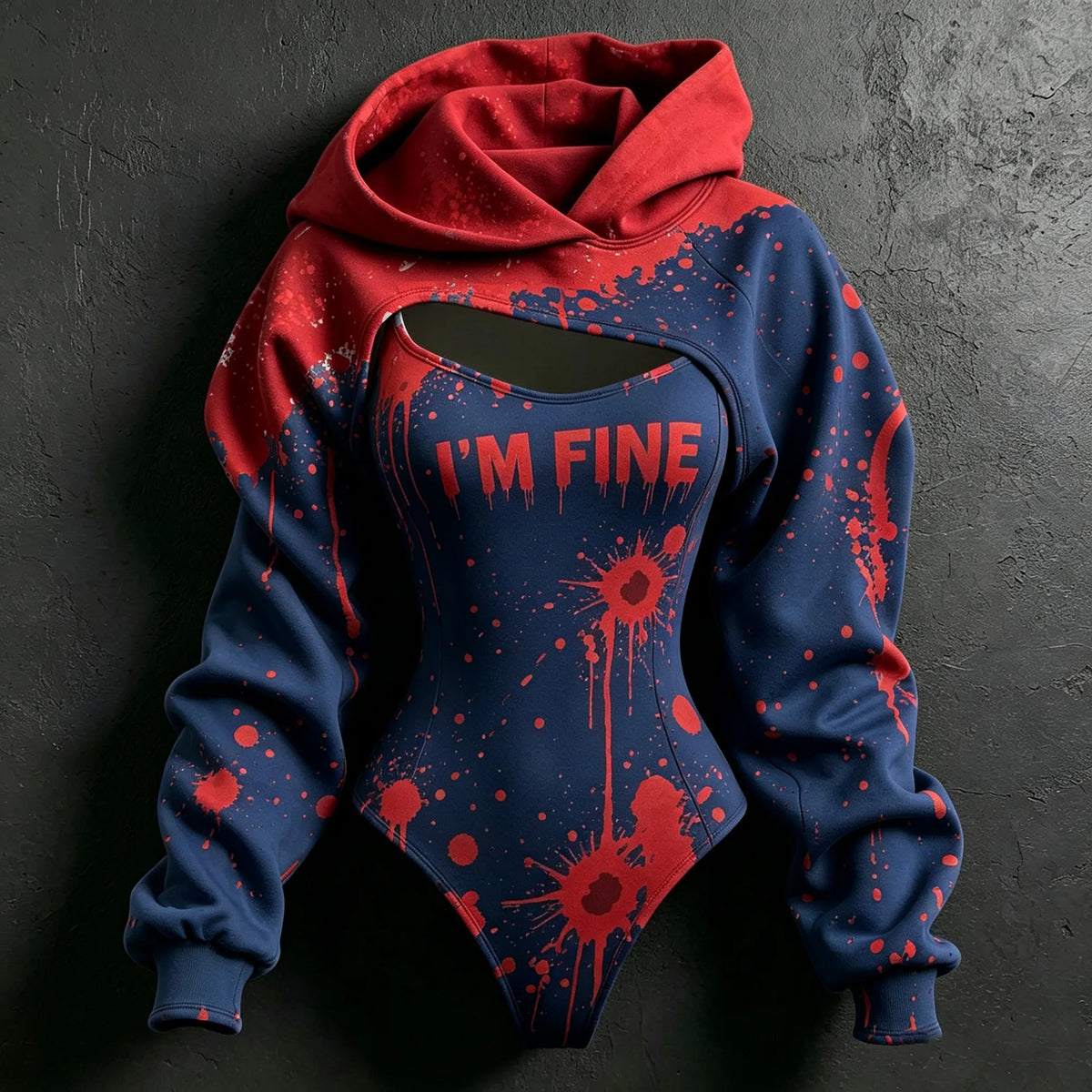 Women's Retro Halloween Bloodstain I'm Fine Print Hoodie Two-piece Set