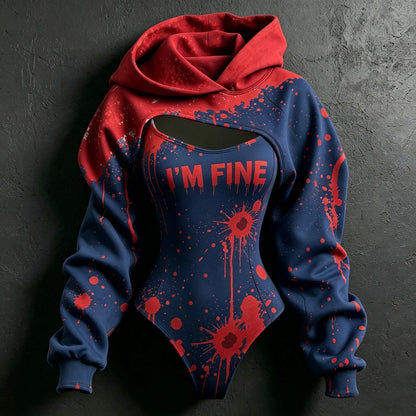 Women's Retro Halloween Bloodstain I'm Fine Print Hoodie Two-piece Set