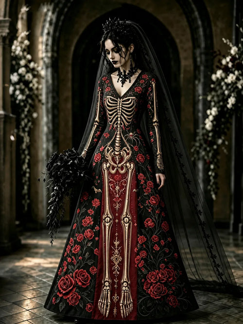 Women's Retro Halloween Gothic Skeleton And Rose Floral Art V-neck Maxi Dress
