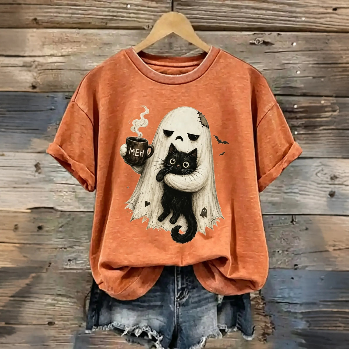 Abstract Creative Ghost Cat Spooky Black Cat Graphic Funny Introvert Halloween Coffee Lover Casual T-shirt
