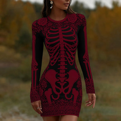Women's Vintage Halloween Skeleton Bones With Rose Art  Mini Dress