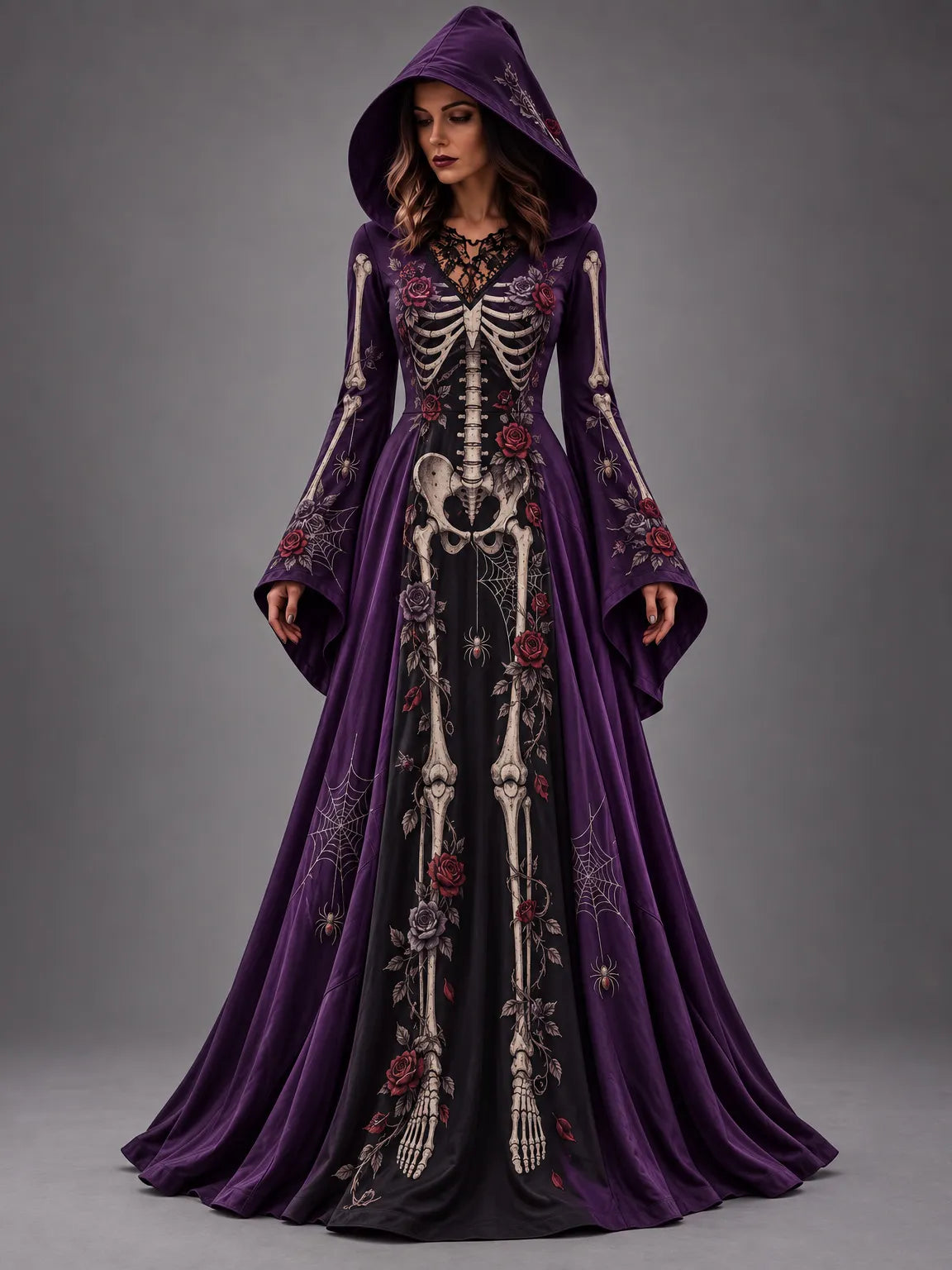 Women's Halloween Gothic Skeleton & Floral Long-sleeve Hooded Long Dress