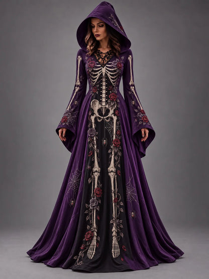 Women's Halloween Gothic Skeleton & Floral Long-sleeve Hooded Long Dress