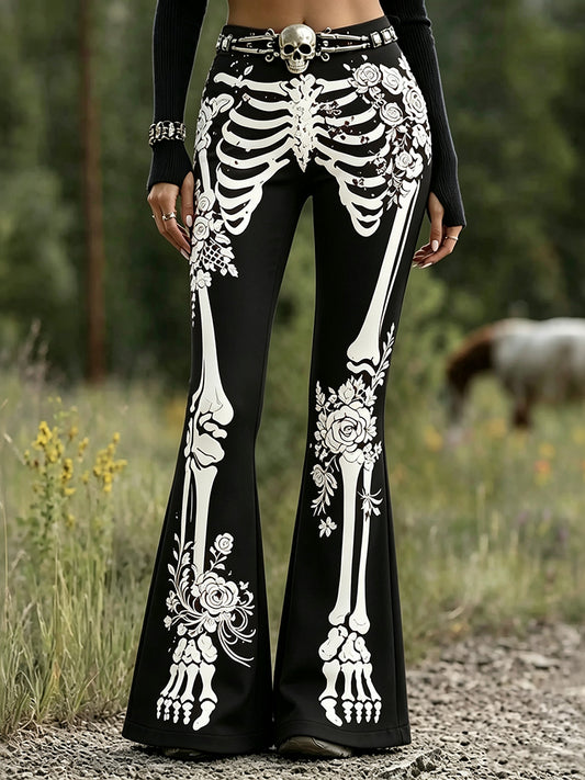 Women’s Goth Skeleton Floral Print Flare Pants