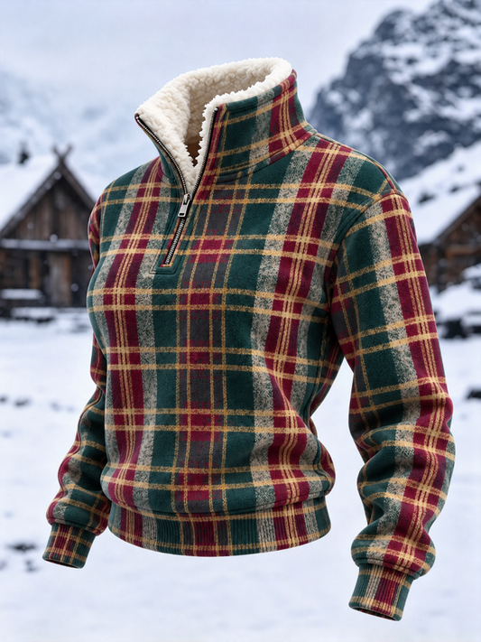 Women's Christmas Plaid Art Pattern Comfortable Plush Collar Sports Shirt