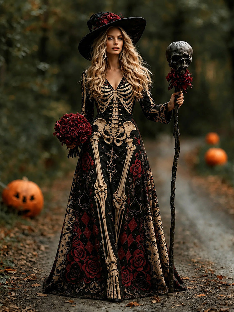 Women's Retro Halloween Gothic With Floral Pattern Print V-neck Maxi Dress