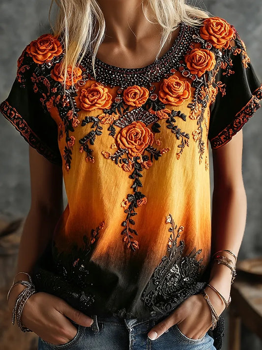 Women's Retro Rose Embroidery Gradient Pattern Casual Halloween Crew Neck T-shirt