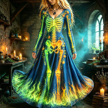 Women's Halloween Human Anatomy And Flame Art Glowing Print Bodycon Dress