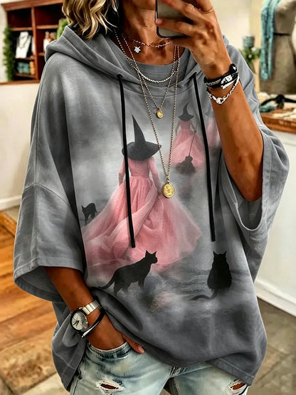 Women's Retro Halloween Printed Casual Mid-sleeve Hooded Sweatshirt