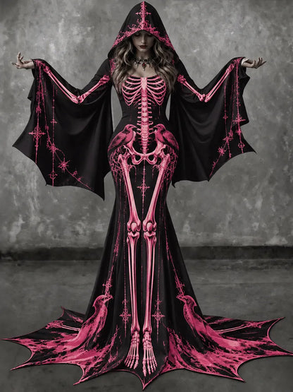 Women's Vintage Gothic Skeleton With Floral Batwing Flare Sleeve Round Neck Bodycon Maxi Dress With Hooded – Halloween Costume