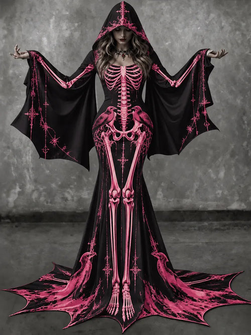 Women's Vintage Gothic Skeleton With Floral Batwing Flare Sleeve Round Neck Bodycon Maxi Dress With Hooded – Halloween Costume