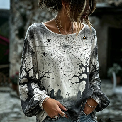 Women's Retro Halloween-themedn Spiderweb Prit Top