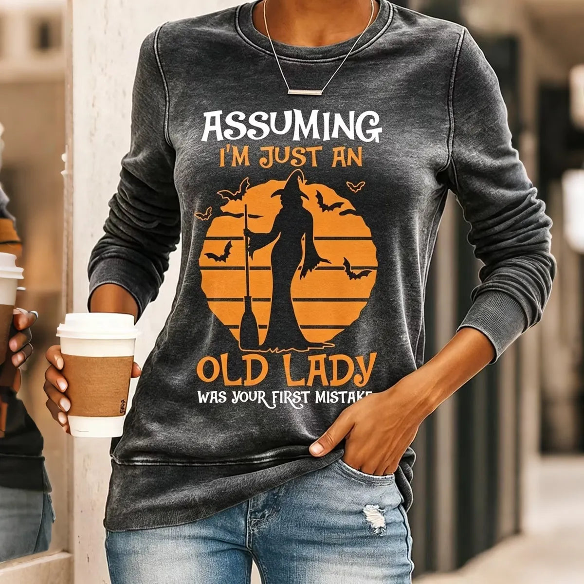 Assuming I'm Just An Old Lady Women's Halloween Print Pattern Casual  Crew Neck Sweatshirt