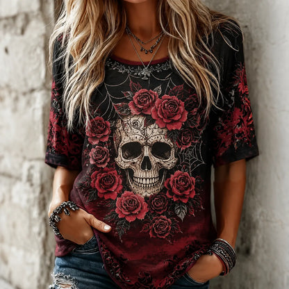 Vintage Gothic Skull Spider Flower Embroidery Short Sleeve Top