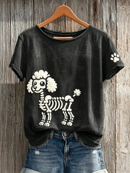 Women's Halloween Skull Poodle Pattern Art Print Casual T-shirt