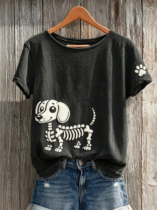 Women's Halloween Skull Dachshund Pattern Art Print Casual T-shirt