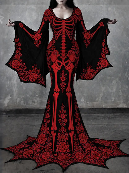 Women's Gothic Skeleton With Red Roses Batwing Flare Sleeve Round Neck Bodycon Maxi Dress – Halloween Costume