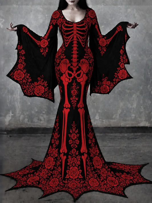 Women's Gothic Skeleton With Red Roses Batwing Flare Sleeve Round Neck Bodycon Maxi Dress – Halloween Costume