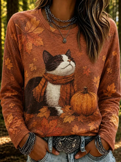 Women's Retro Cat Pumpkin Maple Leaf Print Crew Neck Long Sleeve T-shirt