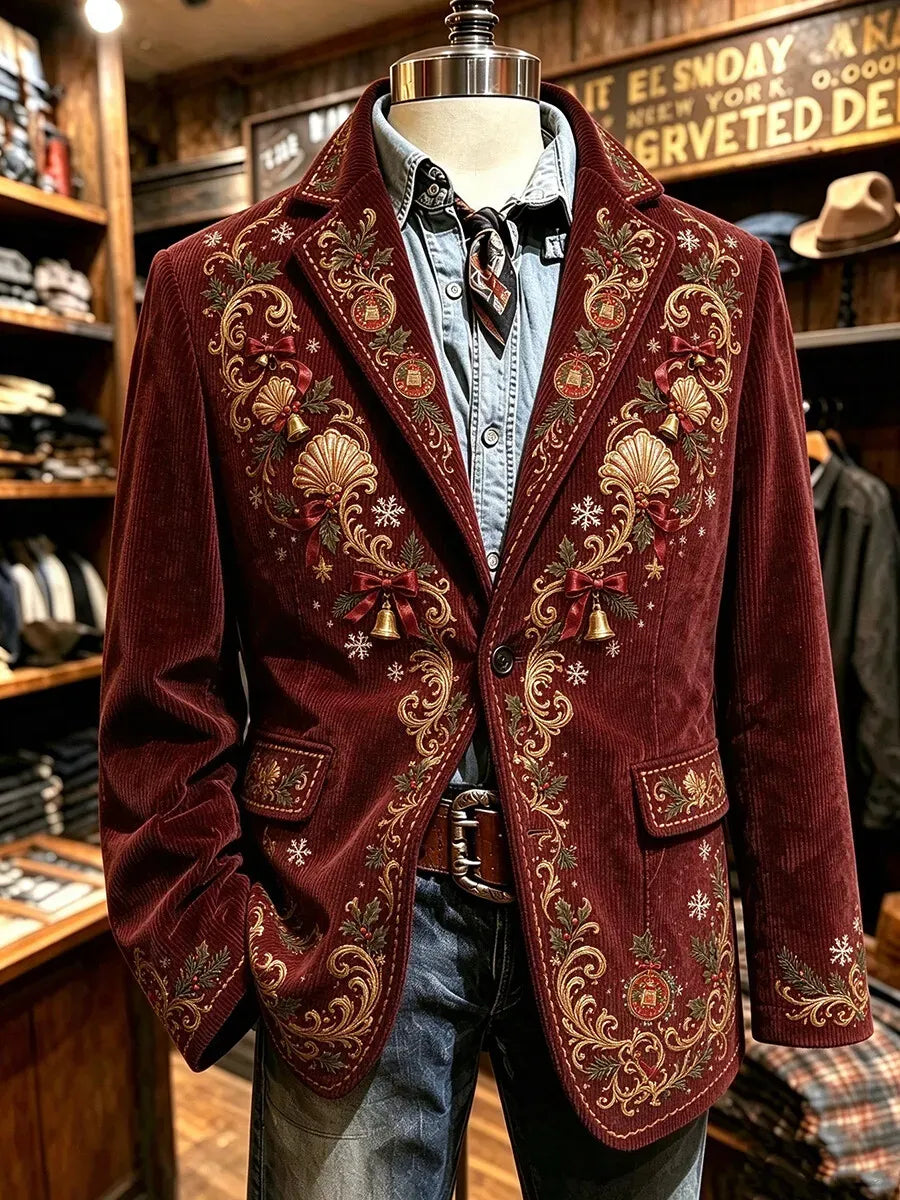 Men's Christmas Ornate Scroll Holiday Art Print Long Sleeve Corduroy Blazer
