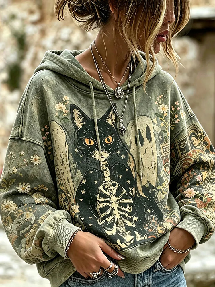 Vintage Washed Halloween Skeleton Black Cat Ghost Floral Print Hooded Sweatshirt