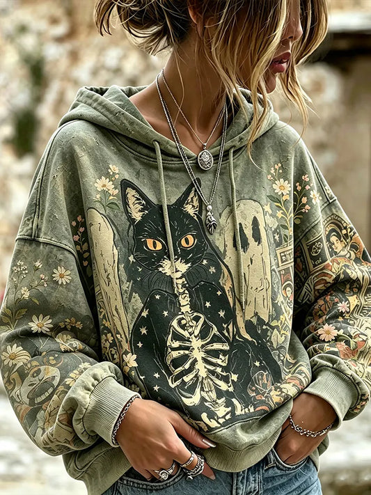 Vintage Washed Halloween Skeleton Black Cat Ghost Floral Print Hooded Sweatshirt