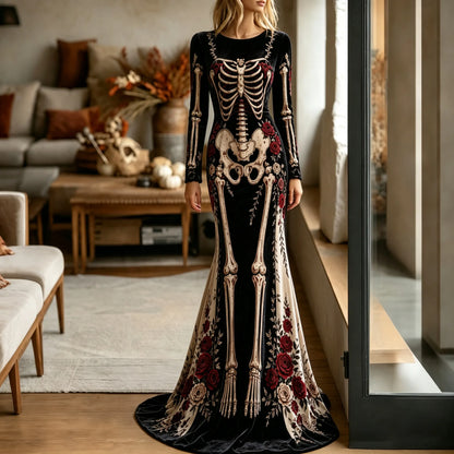 Women's Halloween Gothic Style Gothic Skeleton & Floral Color Blocking Pattern Velvet Long Dress