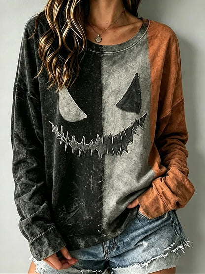 Women's Halloween Scary Face Ghost Color Blocking Art Print Casual Sweatshirt