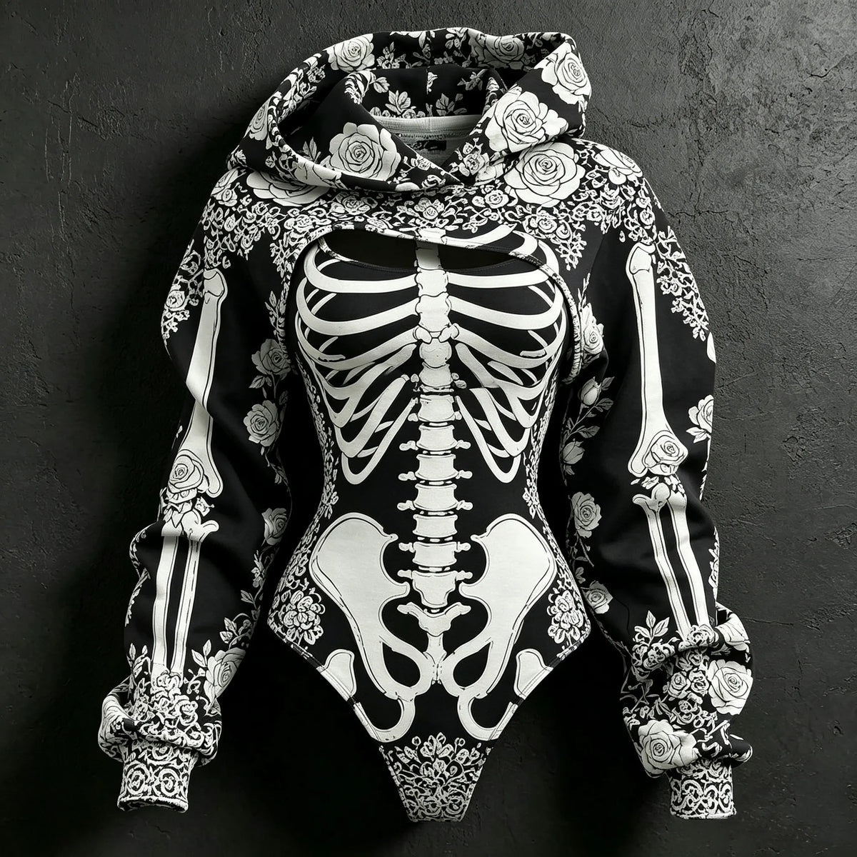 Women's Retro Bone-style Rose Floral Print Hoodie Two-piece Set