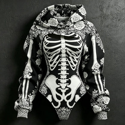 Women's Retro Bone-style Rose Floral Print Hoodie Two-piece Set
