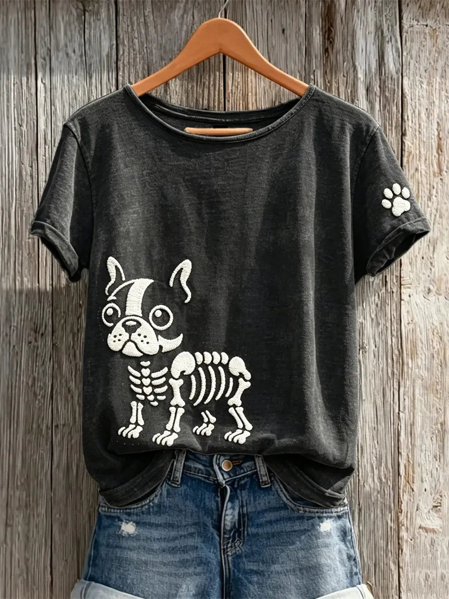 Women's Halloween Skull Boston Terrier Pattern Art Print Casual T-shirt