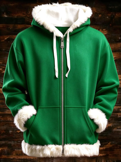 Men’s Christmas-Themed Plush Hooded Cardigan