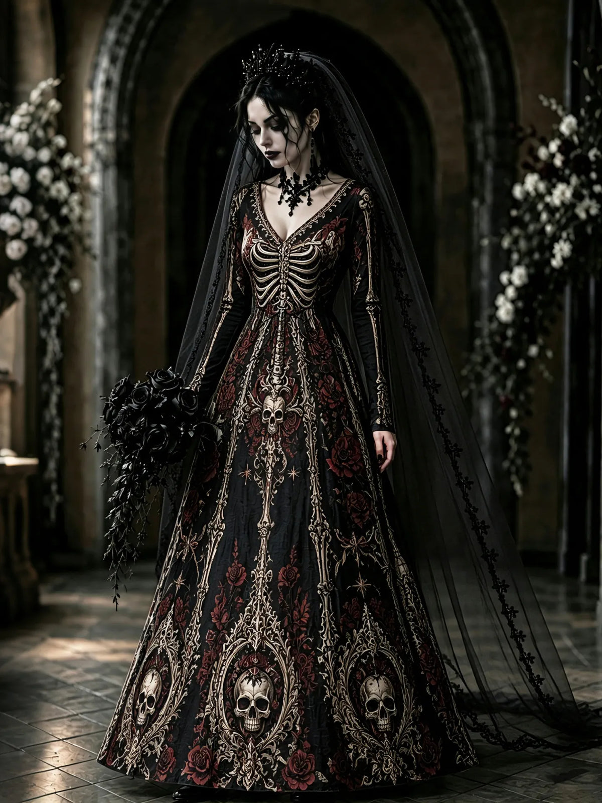 Women's Retro Halloween Gothic Skull And Rose Floral Art V-neck Maxi Dress